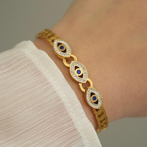 Bracelet manchette mauvais œil - Bracelet manchette réglable - Acier inoxydable - Imperméable - Bracelet de protection des yeux - Bijoux mystiques - Cadeau pour elle