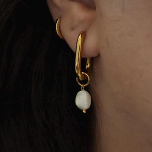 Freshwater Pearl Drop Earrings - Pearl Rectangle Hoop Earrings - 18K Gold Plated Stainless Steel - Classic Pearl Jewelry - Gift For Her