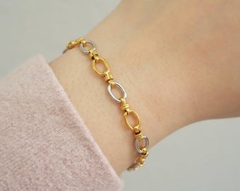 Mixed Metal Oval Link Chain Bracelet - Woven Oval Link Chain - Two Tone Chain - Stackable Bracelet - Stainless Steel - Chunky Chain Bracelet
