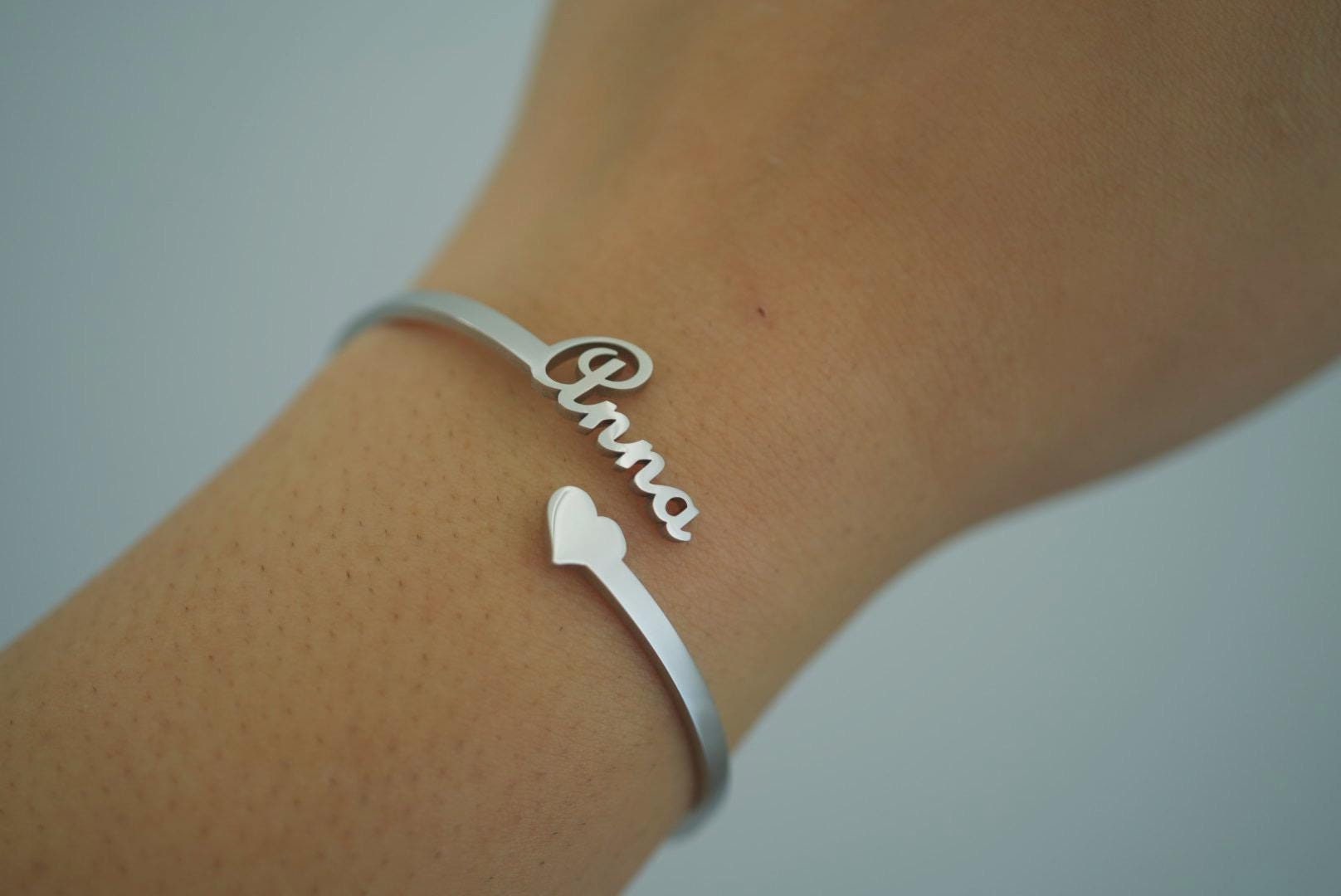 Silver Custom Heart Name Cuff Bracelet - Adjustable Cuff