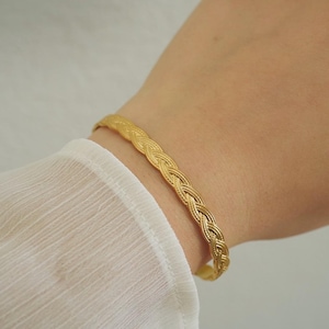 Twisted Bangle Cuff Bracelet - Adjustable Braided Vintage Style Cuff Bracelet - Stainless Steel - Waterproof - Gold Stackable Bracelet