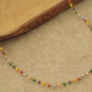 Collar de cadena de eslabones con cuentas de esmalte de colores - Cadena de verano con cuentas multicolor - Acero inoxidable - Resistente al agua - Delicado collar de capas