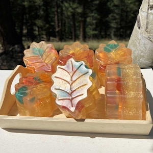 Autumn Leaves Handmade Soap Bars Fall Leaf Glycerin Soaps Guest Gift Travel Pretty Decor Gentle Lather Amber Vanilla Pear Cruelty-Free