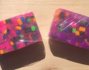 Cyberpunk Inspired Handmade Soap Pair Neon Colors Soap Fragrance Blend Mandarin Spices Leather Frankincense Wood Cardamom Vetiver Musk