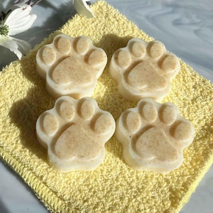 Pupper Love Set of 4 Small Handmade Goat Milk Oatmeal Soaps Vanilla or Chamomile Fragrance Paw-Shaped Bars Gentle Cute Fun Cruelty-Free