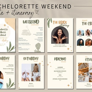 Invitation numérique de Bachelorette de week-end de bien-être de station thermale | Modèle de planificateur de bachelorette | Itinéraire de l&#39;enterrement de vie de jeune fille | Modifiable dans Canva