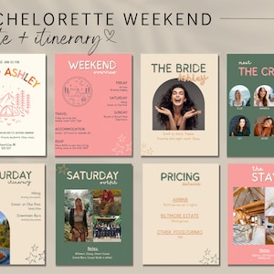May include: A set of eight invitation cards for a bachelorette weekend, featuring a camping scene, weekend itinerary, photos of the bride and crew, and accommodation details. The cards use a colour palette of pink, green, and beige, with text and illustrations.