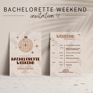 Disco Cowgirl Bachelorette Digital Invitation | Let&#39;s Go Girls | Bachelorette Party Itinerary | Editable Invite Canva