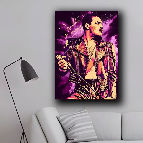 Hand drawn poster, Freddie Mercury art work, living room wall art, watercolor poster, music studio wall decor, bedroom wall art, home decor