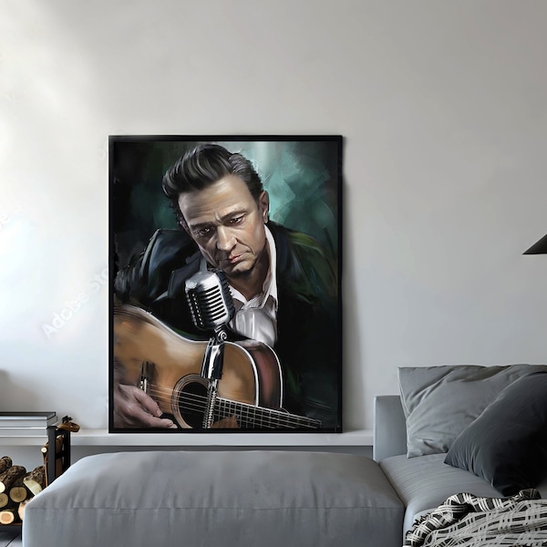 Johnny Cash hand drawn modern style portrait, custom gift, anniversary gift idea, Bedroom wall décor, office wall art, mans cave wall decor