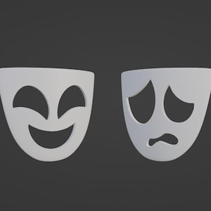 Puede incluir: Dos m&aacute;scaras blancas, una con una cara sonriente y la otra con una cara fruncida. Las m&aacute;scaras se utilizan tradicionalmente en el teatro para representar la comedia y la tragedia.