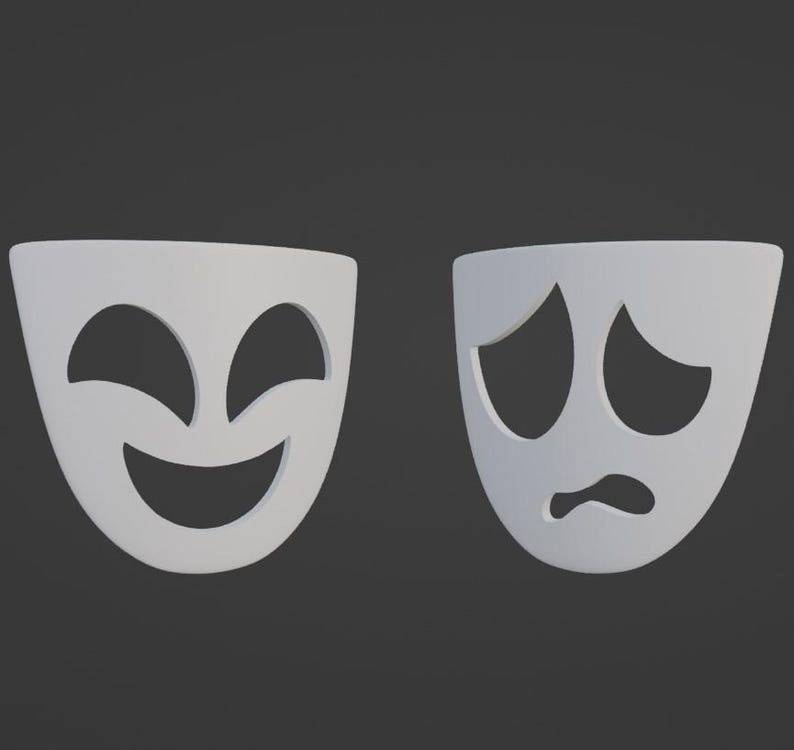 Puede incluir: Dos m&aacute;scaras blancas, una con una cara sonriente y la otra con una cara fruncida. Las m&aacute;scaras se utilizan tradicionalmente en el teatro para representar la comedia y la tragedia.