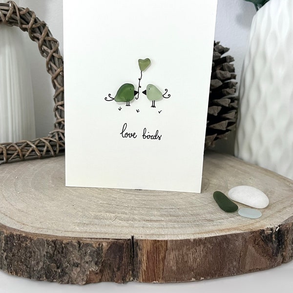 Carte personnalisée Love Birds en verre de mer - carte Love Birds - carte d'anniversaire en verre de mer - carte pour elle - carte d'anniversaire de mariage