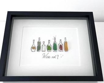 Sea Glass Wine Bottles Art - Sea Glass And Pebbles - Wine Lover Gift  - Framed Sea Glass Gift