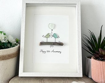 Sea Glass Anniversary Love Birds - Love Birds Art - Anniversary Gift - Sea Glass Anniversary Gift