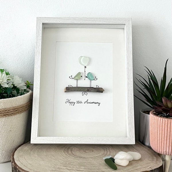 Sea Glass Anniversary Love Birds - Love Birds Art - Anniversary Gift - Sea Glass Anniversary Gift