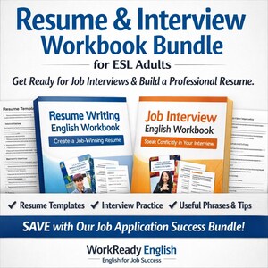Op de afbeelding: Een bundel van twee werkboeken: "Resume Writing English Workbook" en "Job Interview English Workbook" voor ESL-volwassenen. De bundel bevat cv-sjablonen, interviewoefeningen en handige zinnen. De tekst luidt: "Get Ready for Job Interviews & Build a Professional Resume."