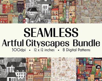 Artful Cityscapes Digital Paper Pack - City Backgrounds - Vibrant City Craft Paper - Digital Download - 8 Designs - 12x12in