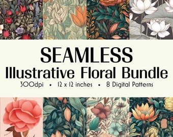 Illustrative Floral Digital Paper Pack - Floral Backgrounds - Floral Craft Paper - Digital Download - 8 Designs - 12x12in