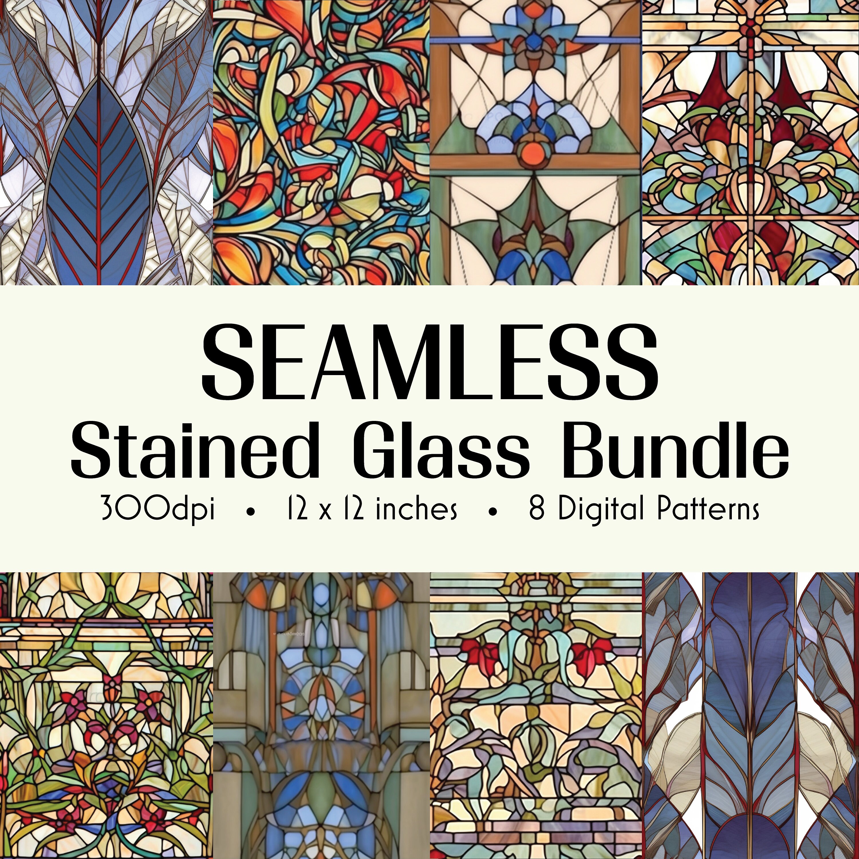 Stained Glass Digital Paper Pack - Stained Glass Backgrounds - Stained Glass Craft Paper - Digital Download - 8 Designs - 12x12in
