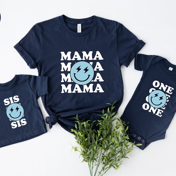 Distressed Blue Smile Family One Birthday Tee, Family Custom Tee, Bolt Eyes Birthday Tee, One Happy Dude Birthday Theme Shirt, Family Gift