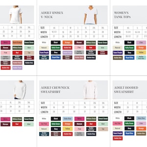 six different size and style charts for adult unisex clothing, including short sleeve t-shirts, crew necks, and hooded sweatshirts. The charts provide size and style information for various clothing items, such as t-shirts, crew necks, and hoodies.