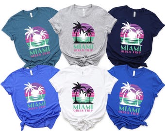 Custom Miami Girls Trip Shirt, Retro Sunset Palm Tee, Bachelorette Beach Shirt, Matching Vacation Outfits, Group Trip Shirts, Fun Travel Tee