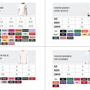 four different sizes and styles of youth clothing, including a short sleeve tee, a long sleeve tee, a crew neck sweatshirt, and a hooded sweatshirt. The sizes are listed in both S and M, and the widths range from 15 to 24 inches. The lengths are listed as 18 to 24 inches. The image also includes color options for each size and style, such as white, black, blue, green, red, and more.