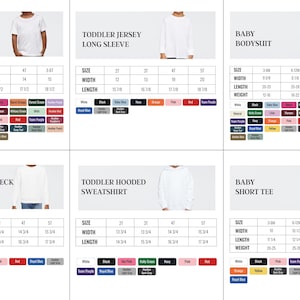 six different images of children's clothing items, including a toddler short sleeve tee, a toddler jersey long sleeve, a baby bodysuit, a toddler hooded sweatshirt, a toddler crew neck sweatshirt, and a toddler short tee. Each image provides size and width information for the respective clothing item, as well as color options for the different styles.