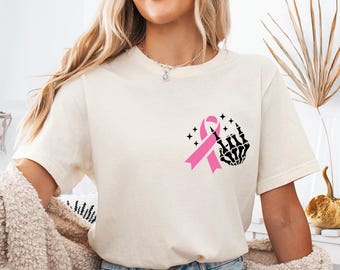 Breast Cancer Awareness Shirt | Pink Ribbon Skeleton Hand Tee | Spooky October Support T-Shirt | Cancer Fighter Gift for Women