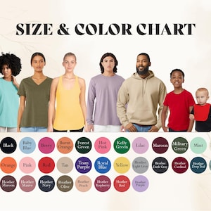 The image is a size and color chart featuring a group of people standing next to color swatches.