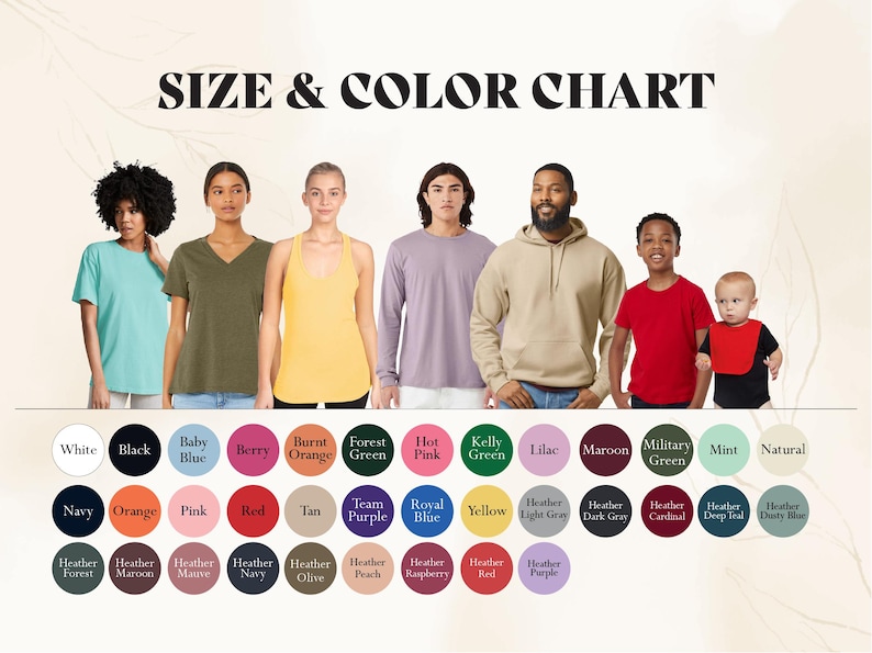 The image is a size and color chart featuring a group of people standing next to color swatches.
