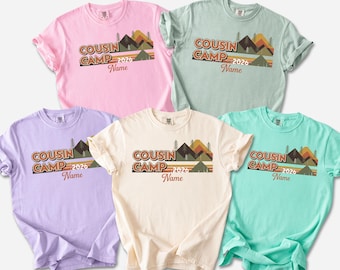 Cousin Camp Shirt, Personalized Camping Tee, Custom Kids Adventure Top, Matching Family Reunion T-Shirts, Retro Mountain Name Gift