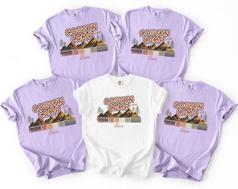 Cousin Camp Shirt, Personalized Camping Tee, Custom Kids Adventure Top, Matching Family Reunion T-Shirts, Retro Mountain Name Gift