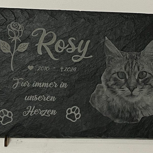 Schieferplatte als Gedenken an ihre Katze Kater Haustier Personalisiert Fotogravur Namen Wunschtext Trauer Andenken Grabschmuck Grabstein