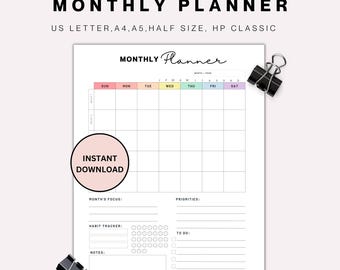 Printable Monthly Planner: Undated Minimalist Monthly Calendar, Schedule, (Digital Download)