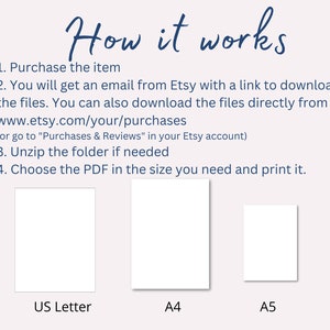 Op de afbeelding: Hoe je een digitaal printbaar bestand kunt downloaden en afdrukken. De afbeelding toont een witte achtergrond met blauwe tekst die de stappen uitlegt om een digitaal printbaar bestand te downloaden en af te drukken. De afbeelding toont ook drie witte rechthoeken met de labels "US Letter", "A4" en "A5", die de verschillende beschikbare formaten voorstellen.