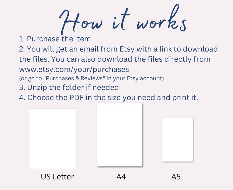 Op de afbeelding: Hoe je een digitaal printbaar bestand kunt downloaden en afdrukken. De afbeelding toont een witte achtergrond met blauwe tekst die de stappen uitlegt om een digitaal printbaar bestand te downloaden en af te drukken. De afbeelding toont ook drie witte rechthoeken met de labels "US Letter", "A4" en "A5", die de verschillende beschikbare formaten voorstellen.