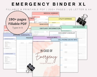 May include: A pink, blue and green printable emergency binder with the text "Emergency Binder XL" and "190+ pages Fillable PDF Type in it". The binder includes sections for medical information, utility expenses, car insurance, and more.