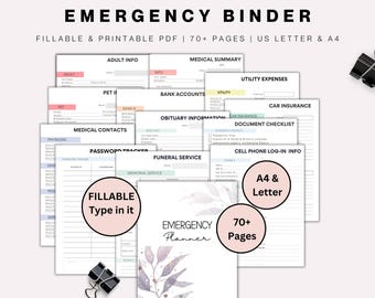May include: A printable emergency binder with 70+ pages, including sections for adult info, pet info, medical contacts, bank accounts, utility expenses, car insurance, obituary information, document checklist, password tracker, funeral service, and cell phone log-in info. The binder is designed to be filled out and used in case of an emergency.