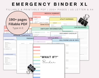 Emergency Binder Planner Fillable Printable PDF, Life Binder, What If Binder, Just In Case of Emergency Planner,Medical Binder Life Planner