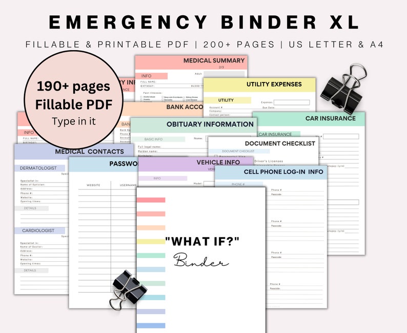 Emergency Binder Planner Fillable Printable PDF, Life Binder, What If Binder, Just In Case of Emergency Planner,Medical Binder Life Planner image 1