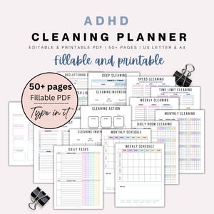 ADHD Cleaning Planner FILLABLE Editable ADHD Cleaning Checklist Schedule, Printable Cleaning Planner,Deep Cleaning Decluttering Family Chore