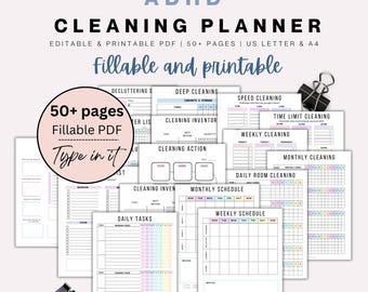 ADHD Cleaning Planner FILLABLE Editable ADHD Cleaning Checklist Schedule, Printable Cleaning Planner,Deep Cleaning Decluttering Family Chore
