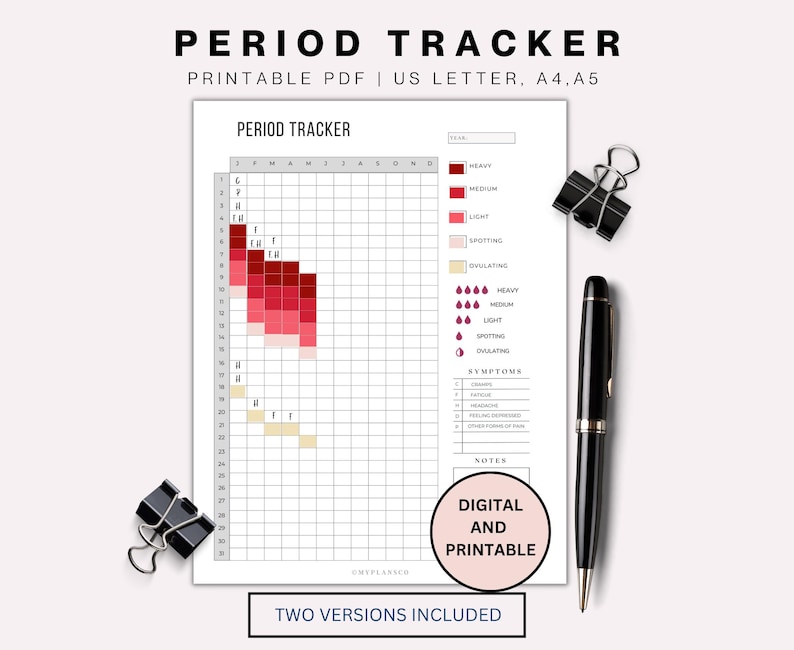Op de afbeelding: Printbare menstruatietracker in PDF-formaat. De tracker heeft een raster om je menstruatie, flow en symptomen te registreren. Hij bevat twee versies: digitaal en printbaar. De tekst "PERIOD TRACKER" staat bovenaan de pagina.