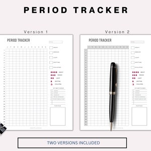 Op de afbeelding: Twee versies van een printbare menstruatietracker. Elke versie heeft een raster om je cyclus bij te houden, een sectie om symptomen te noteren en een ruimte voor notities. De tracker bevat een legenda om het stroomniveau, spotting en ovulatie te markeren.