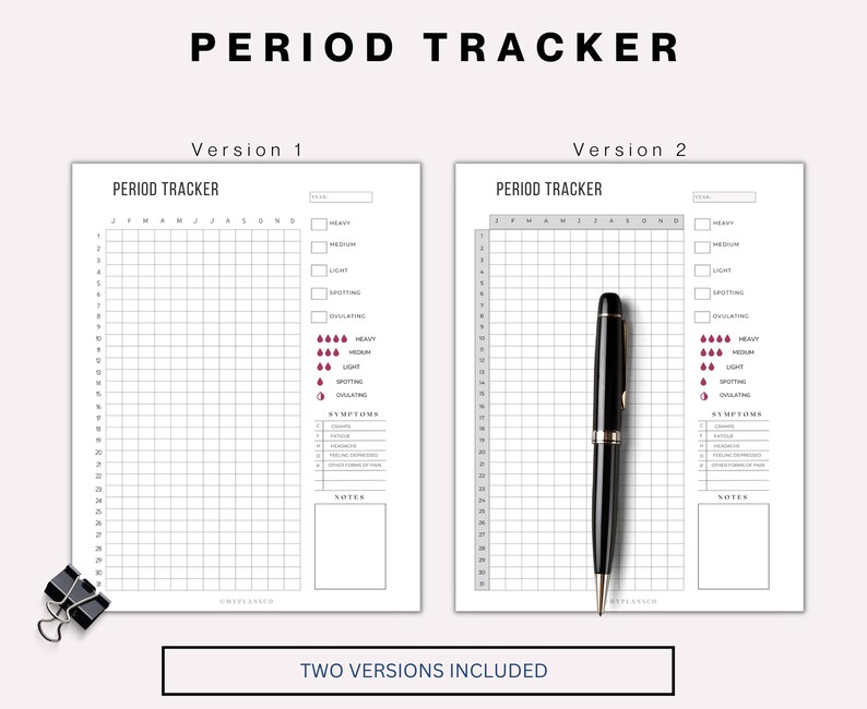 Op de afbeelding: Twee versies van een printbare menstruatietracker. Elke versie heeft een raster om je cyclus bij te houden, een sectie om symptomen te noteren en een ruimte voor notities. De tracker bevat een legenda om het stroomniveau, spotting en ovulatie te markeren.
