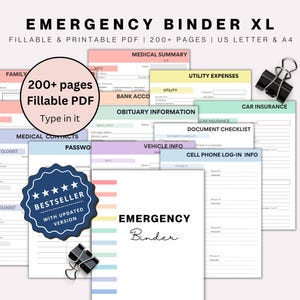 Emergency Binder Planner Fillable Printable PDF, Life Binder, End Life Binder, Just In Case of Emergency Planner,Medical Binder Life Planner
