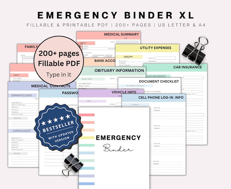 Emergency Binder Planner Fillable Printable PDF, Life Binder, End Life Binder, Just In Case of Emergency Planner,Medical Binder Life Planner afbeelding 1