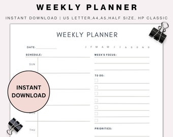 Weekly Planner Printable Weeky Schedule Planner Work Planner Homework Planner Minimalist Digital Planner Undated A4,A5,Letter,Halfsize